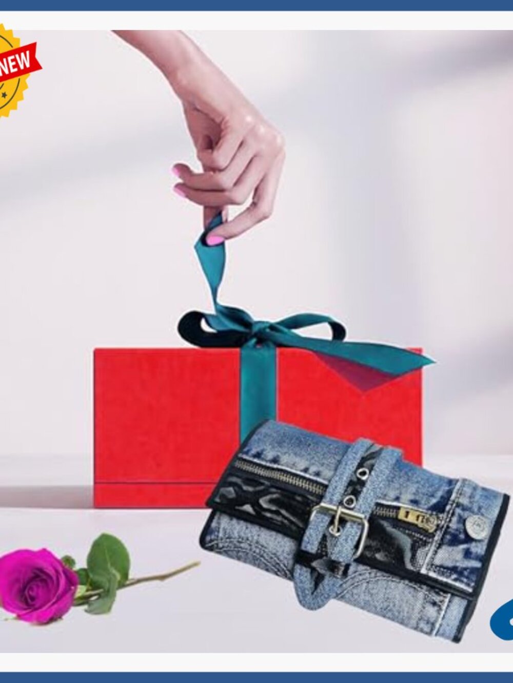 Denim Bifold Wallet with Snakeskin Accents Zipper Clutch Purse - Picture 2 of 7